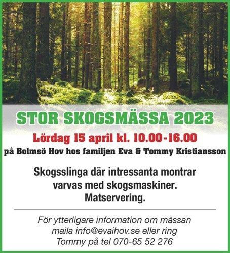 Skogsmässa Bolmsö Hov 15/4 kl: 10-16